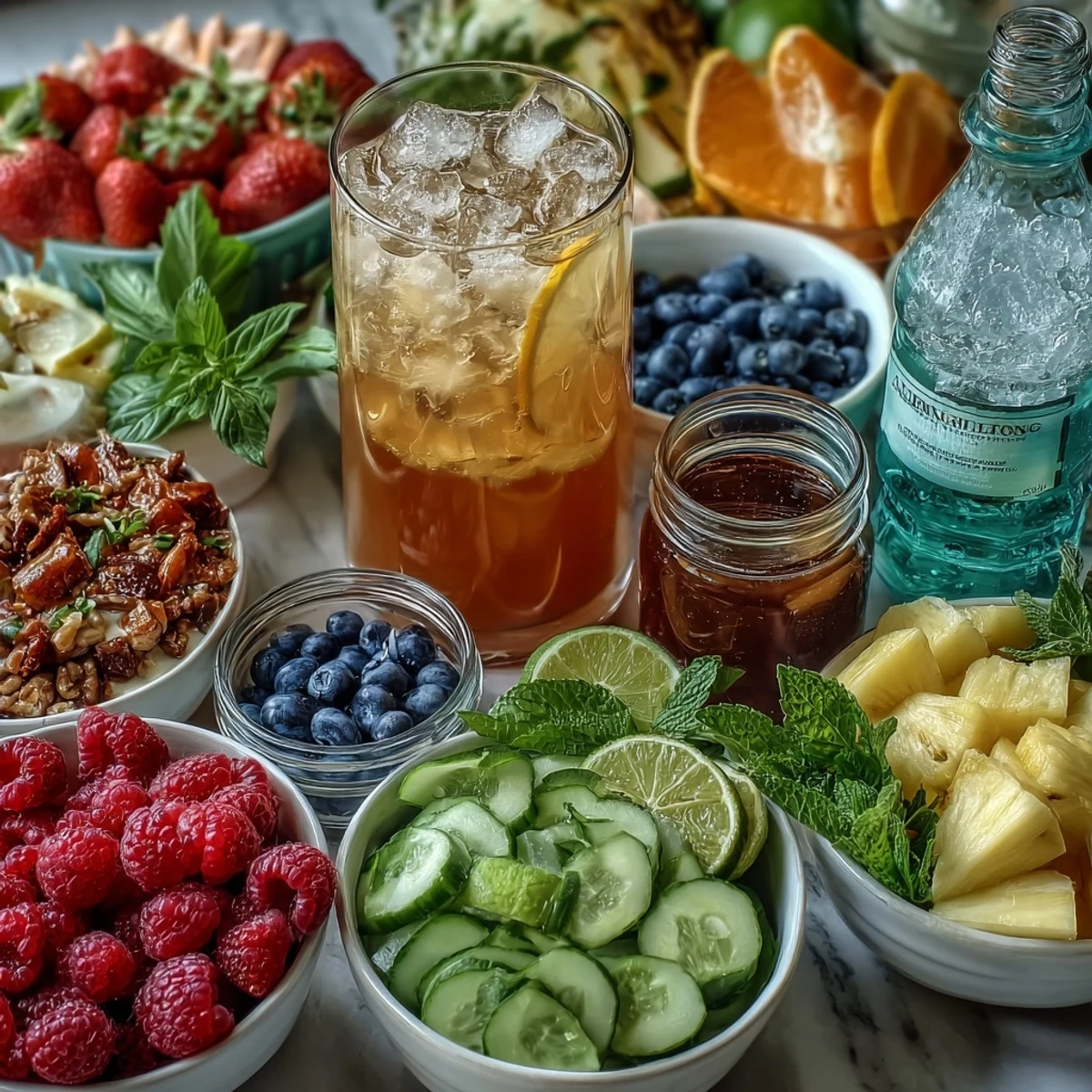 DIY lemonade bar featuring classic lemonade and an array of fresh fruit mix-ins like strawberries, pineapple, and cucumber for refreshing flavor combinations.