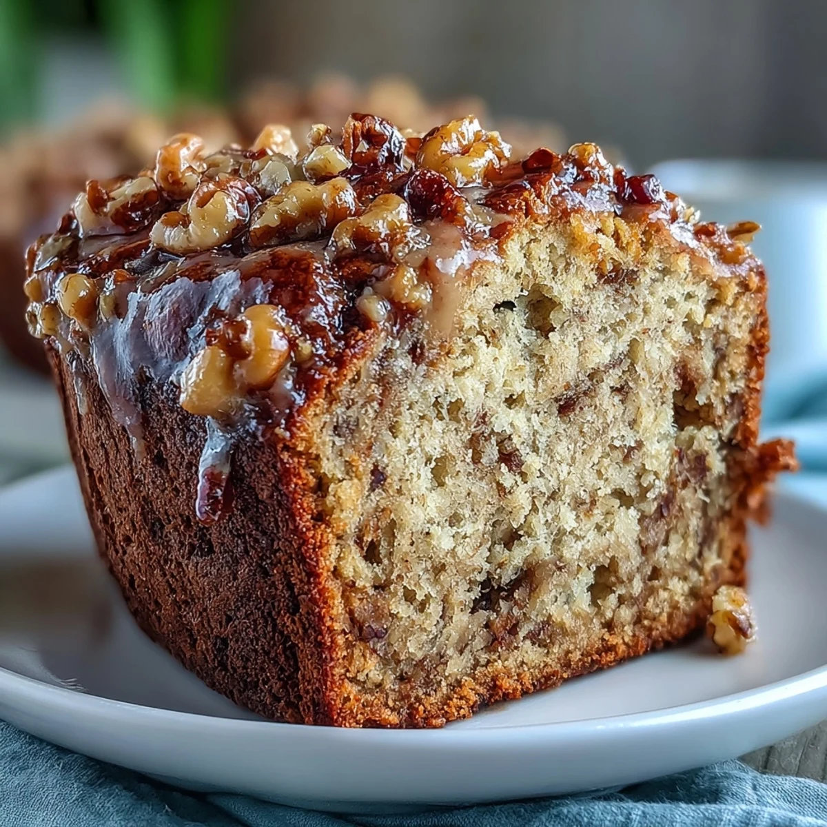 Moist sourdough discard banana nut bread with crunchy brown sugar crust, toasted walnuts, and cinnamon, baked in a loaf pan for a sweet breakfast treat.