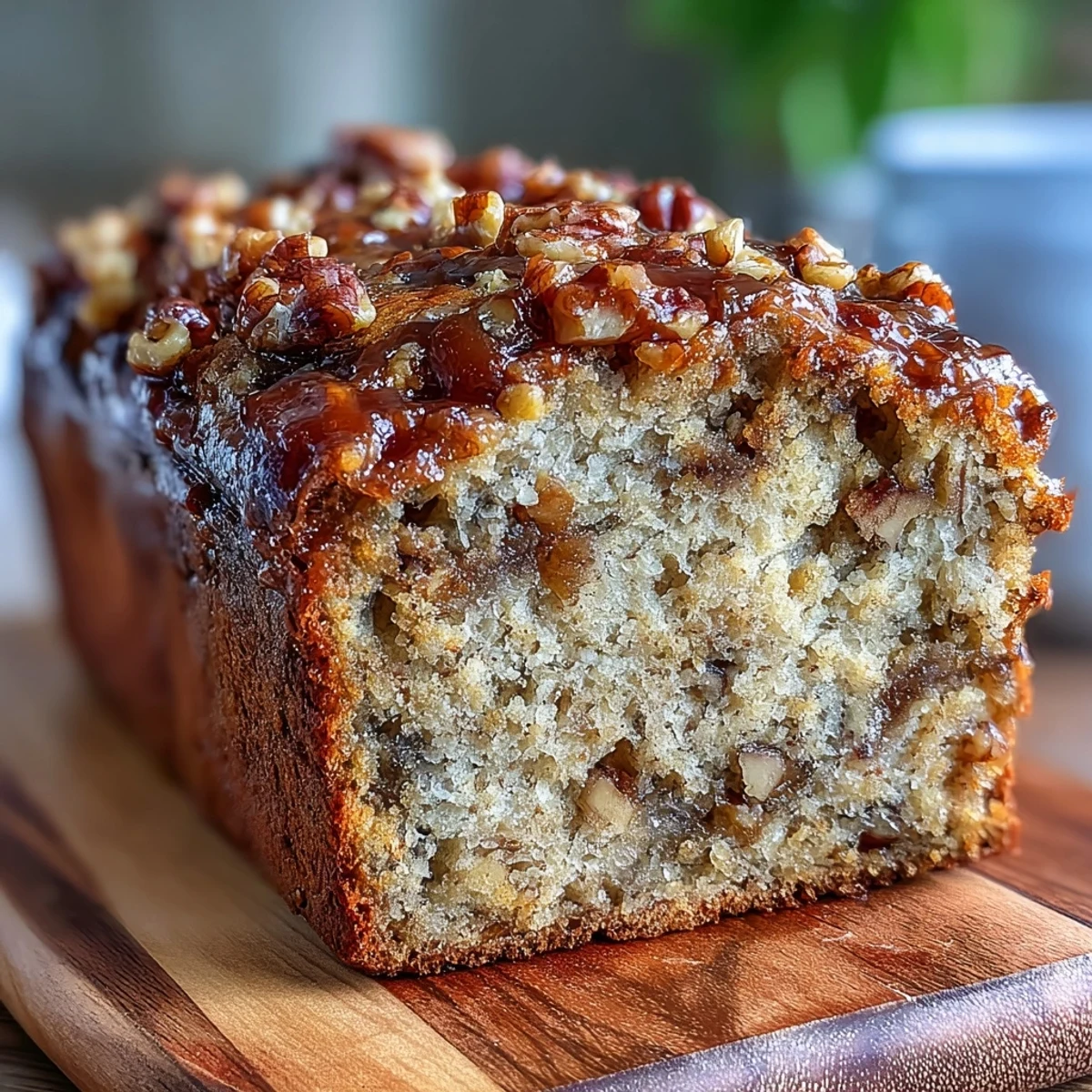 Golden brown banana bread slice topped with crisp caramelized brown sugar crust, studded with walnuts and tangy sourdough discard for extra flavor depth.