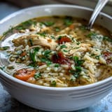 Hearty one-pot chicken and rice soup with tender chicken, vegetables, and fluffy rice in a savory broth.  