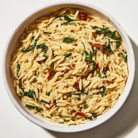 Creamy Tuscan Orzo Bowl served in a rustic dish, bursting with flavor and color.  