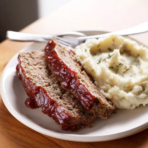Classic meatloaf topped with sweet glaze and served with buttery mashed potatoes.  