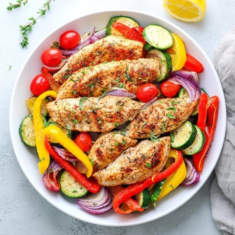 Sheet pan lemon oregano chicken cutlets with roasted vegetables, a healthy Mediterranean meal.