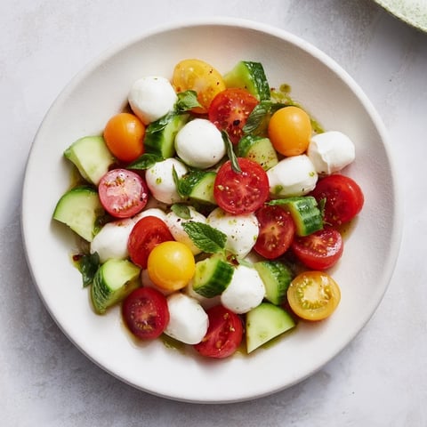Vibrant Simple Holiday Chopped Caprese Salad with red and yellow tomatoes, fresh mozzarella, and basil.