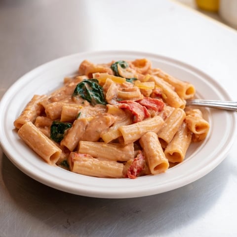 Lightened-Up Vodka Rosé Christmas Pasta: creamy, vibrant pasta with spinach and red peppers, ready to serve!