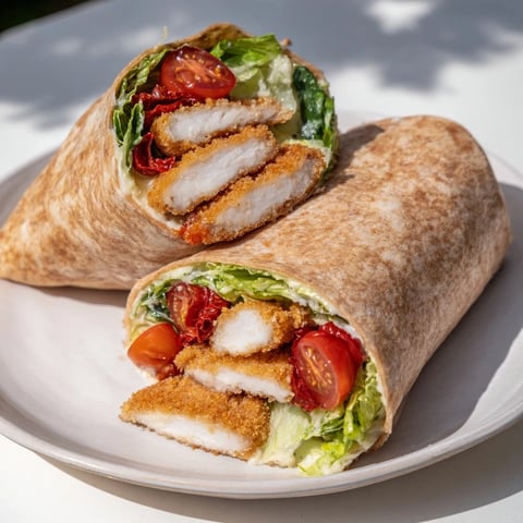 Crispy Santa Hat Chicken Caesar Wraps, loaded with breaded chicken, Caesar dressing, and romaine lettuce.