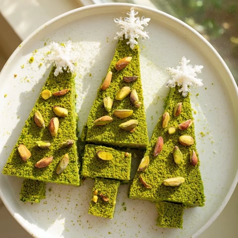 Bright green Matcha Pistachio Christmas Tree Blondie Bars, cut into festive shapes and drizzled with white chocolate.