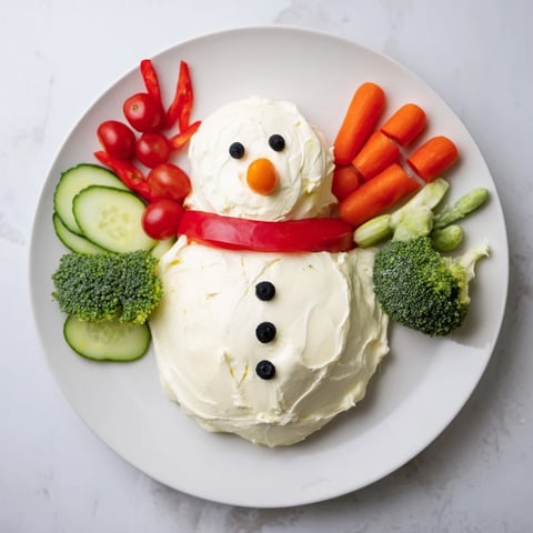 A creamy Snowman Veggie Dip Platter, perfect for dipping fresh vegetables at your holiday gathering.