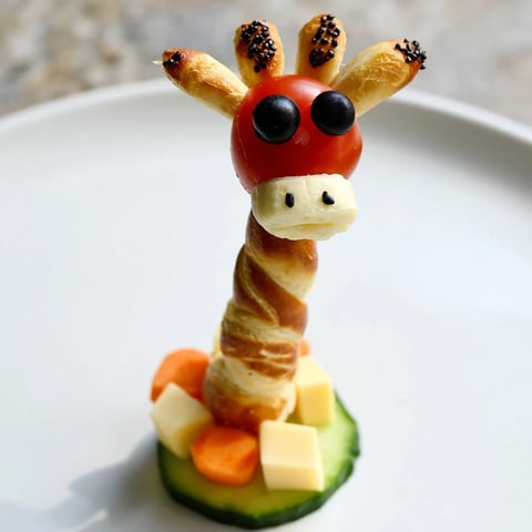 Delightful close-up of a Long-Necked Giraffe Snack Tower, vibrant with fresh fruits, cheese, and vegetables.