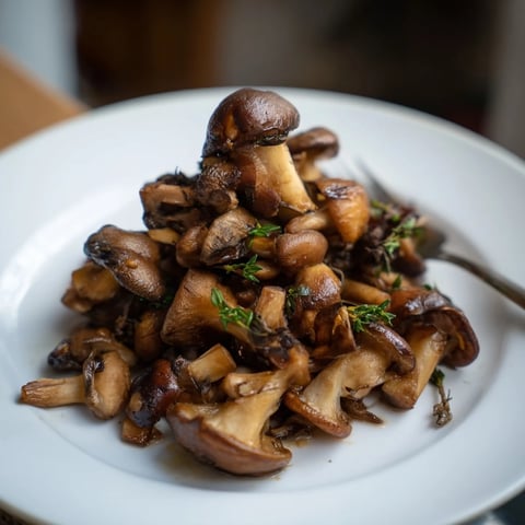 Sizzling Enchanted Forest Mushrooms, golden brown, with fresh herbs and a splash of white wine, ready to serve.