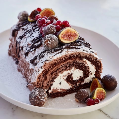 A delightful Winter Warmer dessert board with a chocolate roulade and wintery garnishes.