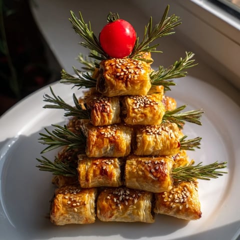 Golden-brown savory mini sausage roll Christmas tree appetizer, perfect for holiday parties.