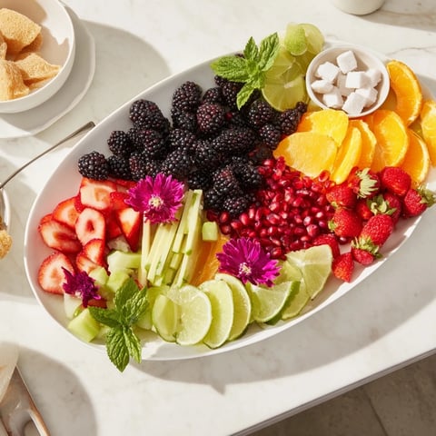 Festive close-up: A colorful Bubbly Bar Garnish Platter overflowing with fresh fruit and herbs.