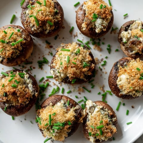 Golden-brown stuffed mushroom caps arranged in ring, a savory appetizer ready to enjoy.