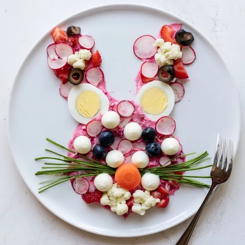 A colorful bunny silhouette platter filled with fresh veggie and fruit arrangements.