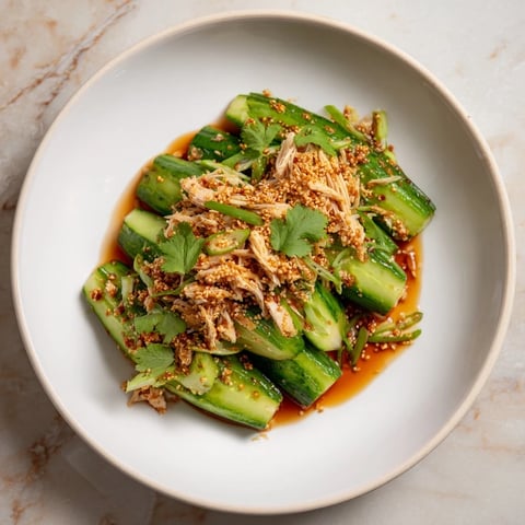 Smashed whole cucumbers in savory Whole Cucumber Logan Salad, topped with juicy shredded chicken.