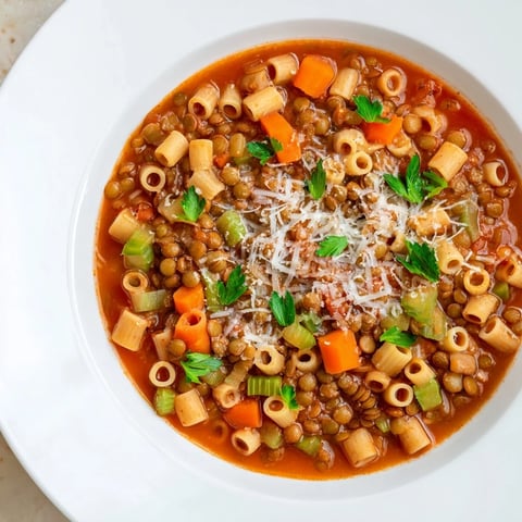 Steaming bowl of Ditalini and Lentil Soup, a hearty Italian vegetarian meal, garnished with fresh parsley.