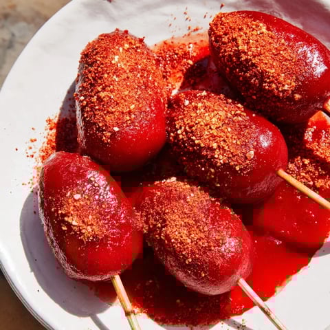 Crisp dill pickle sticks glistening with chamoy and speckled with Tajín seasoning, a perfect snack.