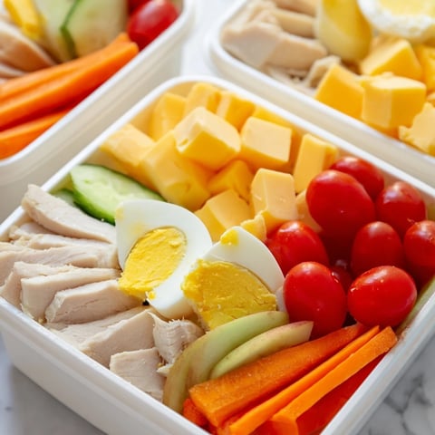 Delectable Protein Snack Boxes with sliced chicken, veggies, cheese, and hummus, perfect for lunch.