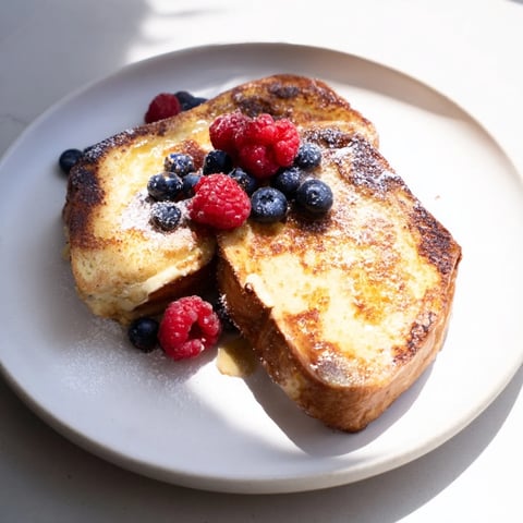 Golden, caramelized Ice Cream French Toast slices ready for maple syrup and fresh berries.