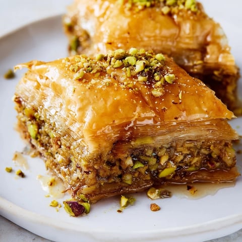 Golden brown Turkish Hazelnut & Pistachio Baklava, layered pastry glistening with sweet honey syrup.