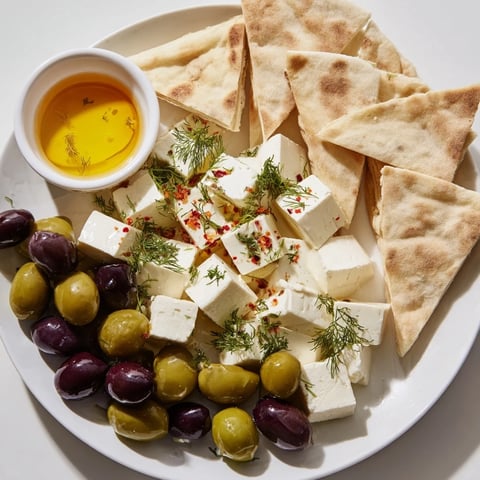 Delectable Turkish Olives & Cheese Board with creamy feta, warm pita, and drizzled honey, ideal for sharing.