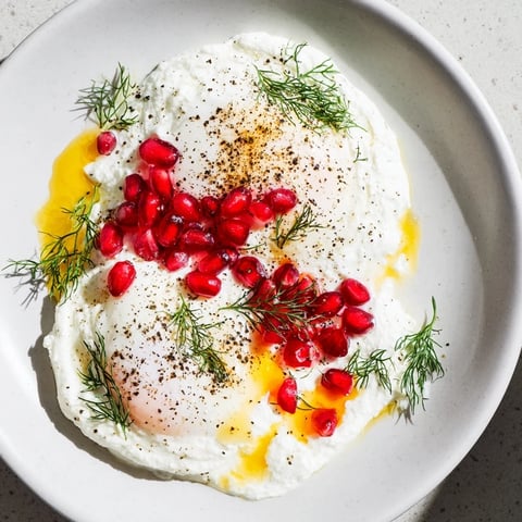 Golden poached eggs atop garlicky yogurt with vibrant Çılbır, sumac, and fresh pomegranate.