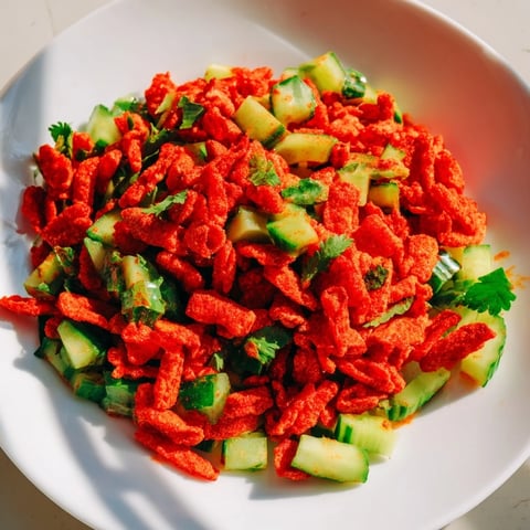 Flamin Hot Cheeto Salad: a vibrant mix with crunchy red chips, fresh cilantro and cool cucumber.