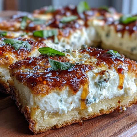 Golden-brown Hot Honey Ricotta Pizza with bubbling mozzarella and fresh basil on a rustic board.