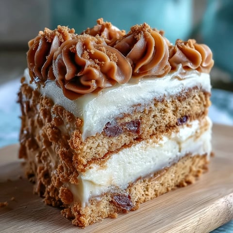 A slice of Decadent Baked Biscoff Cake with Creamy Lotus Frosting sits on a white plate, topped with crunchy biscuit crumbles.