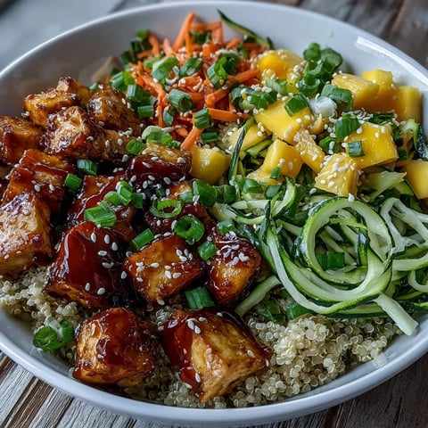 Golden brown crispy baked tofu sits atop fluffy quinoa with spiralized zucchini, carrots, and sweet mango in this Easy Teriyaki Quinoa Bowl.
