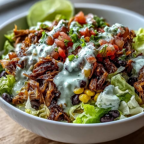 Shredded, slow-cooked carnitas over fluffy rice with black beans, corn, and fresh salsa in a colorful bowl.