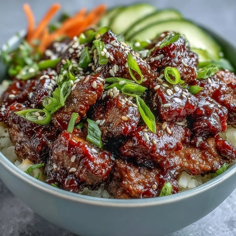 Steaming Korean Beef Bowl served over fluffy rice, topped with fresh cucumber, carrots, and green onions for a quick weeknight meal.