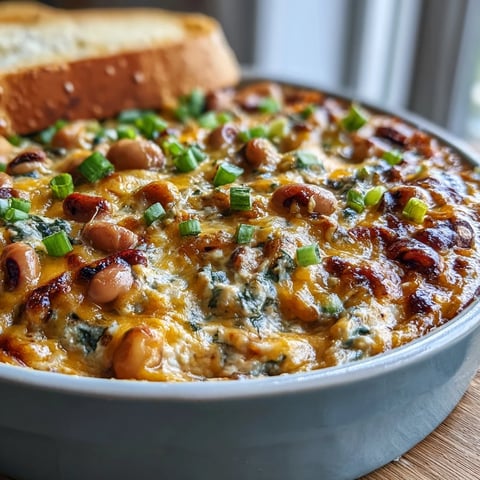 Steaming Hot Black-Eyed Pea Dip in a baking dish with golden melted cheese and chopped jalapeños, served with tortilla chips.