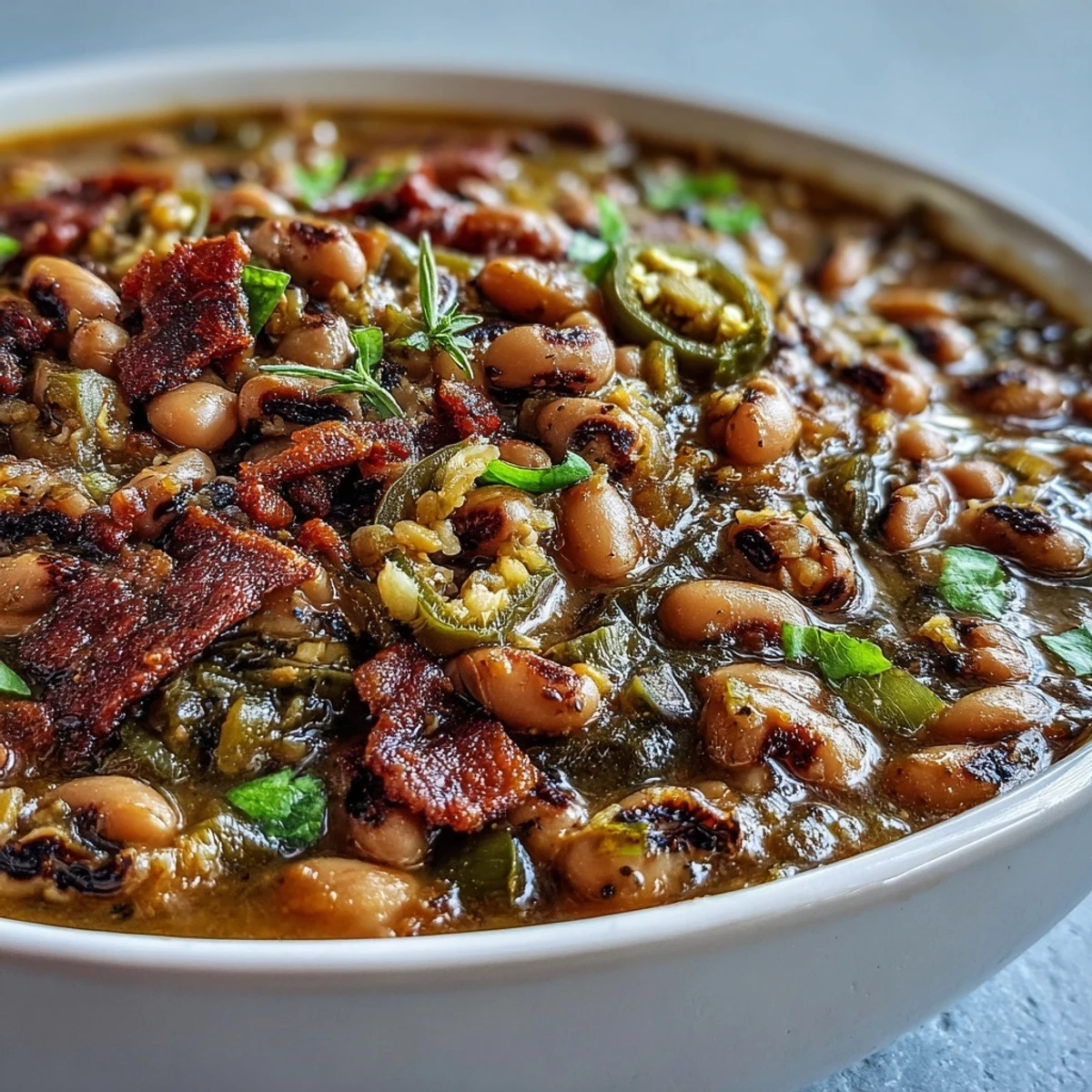A steaming Big Pot of Texas Black-Eyed Peas, topped with crispy bacon, fresh cilantro, and green onions, served in a rustic Dutch oven.