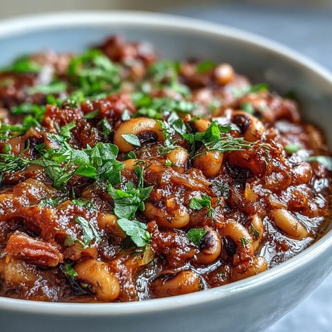 Greek-Style Slow Cooker Black-Eyed Peas simmered in a rich tomato and olive oil broth, garnished with fresh parsley and lemon wedges.