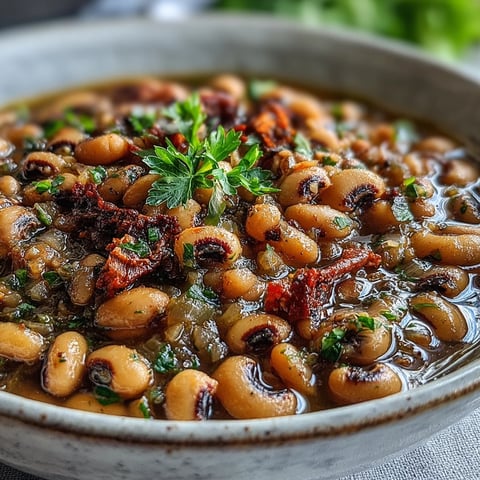 Bowl of quick Southern-style Frozen Black-Eyed Peas, simmered with onions and garlic and garnished with fresh parsley.