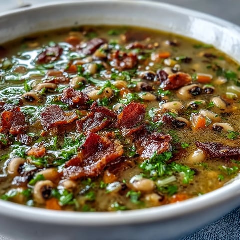 Steaming bowl of Black-Eyed Peas and Bacon Soup served with a slice of cornbread.