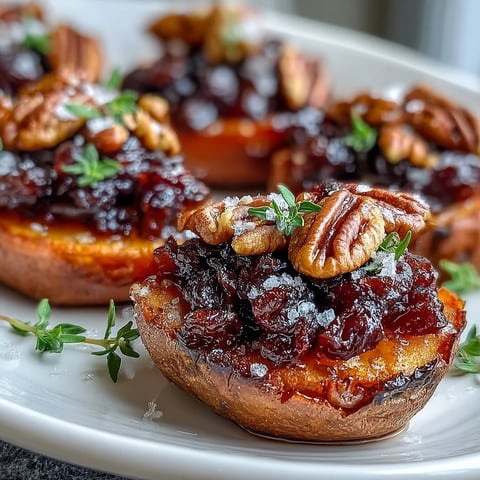 Warm Cranberry Apple Twice Baked Sweet Potatoes topped with maple syrup and fresh thyme on a rustic plate.