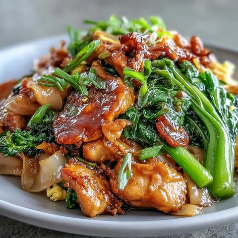 Freshly cooked Authentic Thai Pad See Ew with tender chicken, Chinese broccoli, and glossy dark soy sauce coating wide rice noodles.