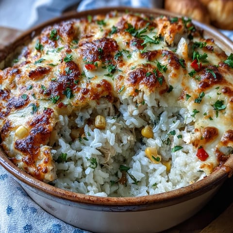 Golden bubbling cheese tops this Creamy Garlic Chicken & Rice Casserole fresh from the oven, served in a rustic dish with a wooden spoon ready to scoop.