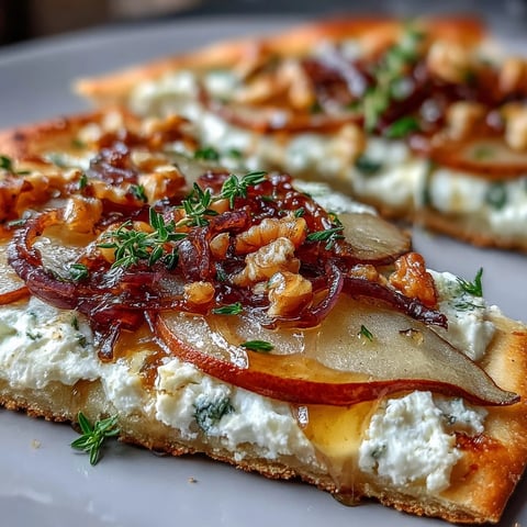 Goat Cheese & Pear Flatbread with Hot Honey, baked golden and crisp, topped with creamy cheese and glistening spicy honey drizzle.