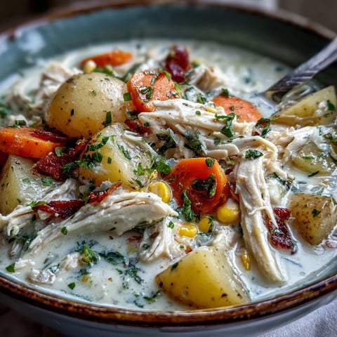 Steaming bowl of Ranch Chicken Veggie Soup garnished with fresh parsley and chives.