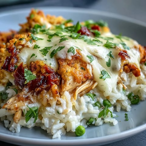 Freshly baked Creamy Garlic Chicken & Rice Casserole with a golden panko and Parmesan crust, steaming on a dinner table.