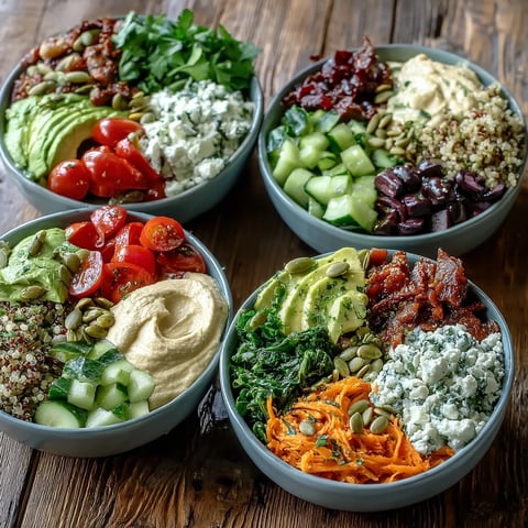 Vibrant Vegan Roasted Red Pepper Hummus Buddha Bowls with creamy dip, crisp cucumber, and ripe avocado slices.