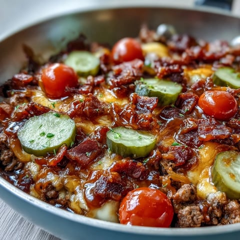 Melted cheddar blankets the Keto BBQ Bacon Cheeseburger Skillet, with crispy bacon pieces and chopped pickles peeking out.