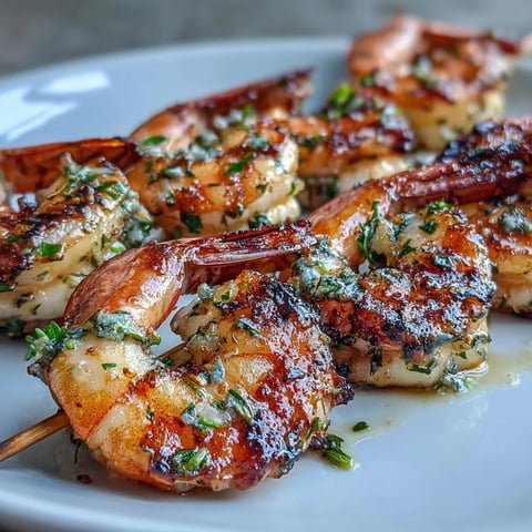 Grilled shrimp skewers glazed with lemon-herb marinade, served with fresh wedges and parsley.