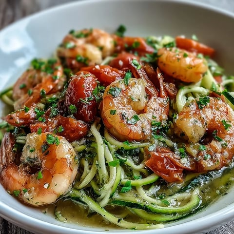 Freshly cooked Skinny Shrimp Scampi with Zucchini Noodles served warm in a skillet with lemon wedges and parsley.
