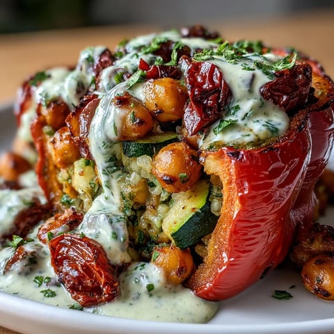 Colorful vegan stuffed peppers filled with Mediterranean chickpea and quinoa, drizzled with creamy lemon tahini sauce. A vibrant, satisfying plant-based main course.