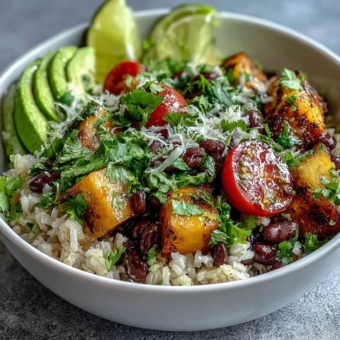 Vibrant mango and black bean brown rice bowls with fresh veggies and zesty lime dressing, perfect for a healthy vegan meal.  